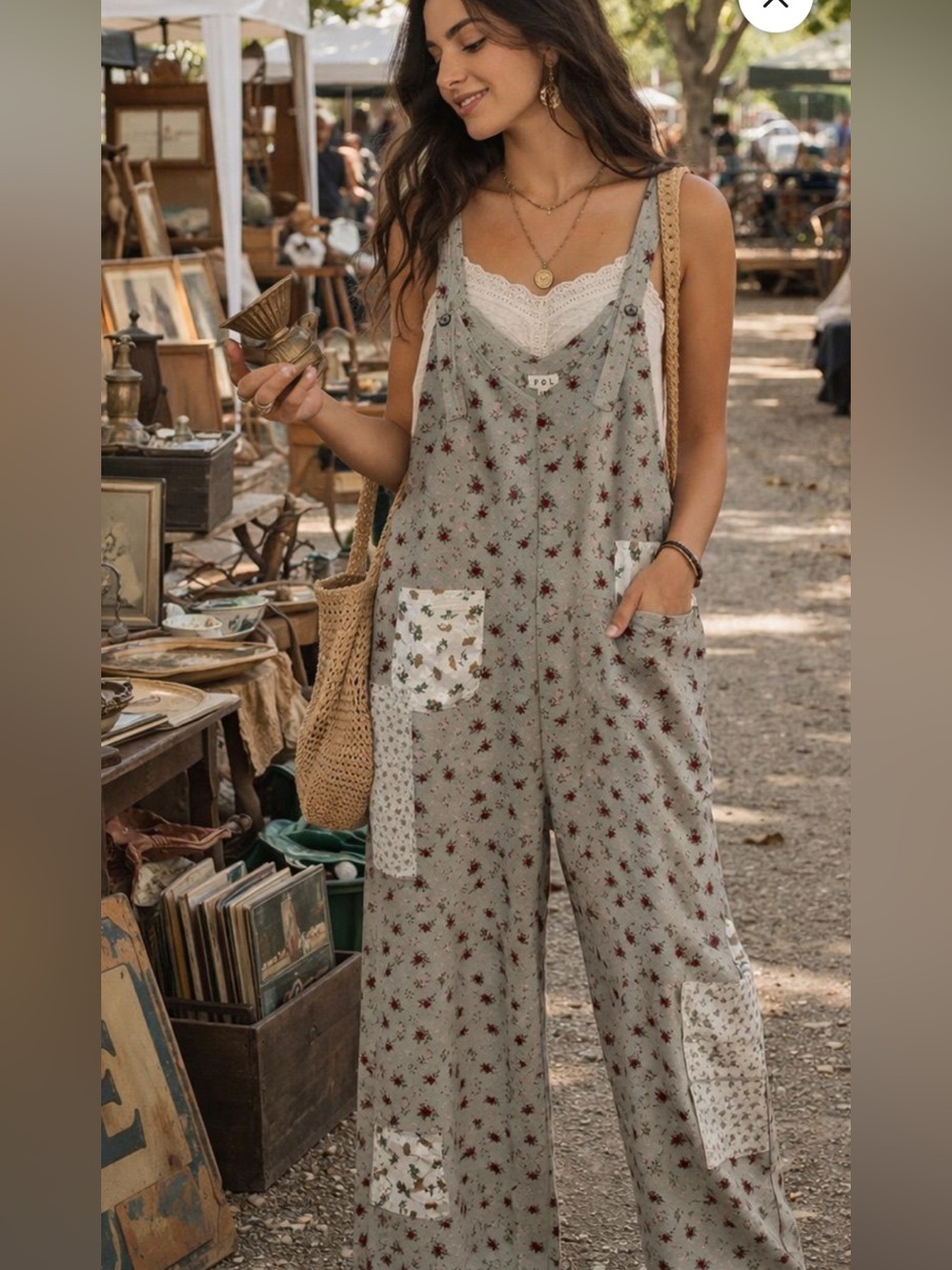 Floral Patchwork Wide-Leg Jumpsuit in Sage Green- POL
